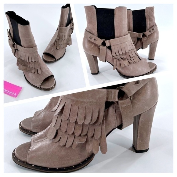 FREDA SALVADOR BLACK LEATHER HARNESS FRINGES OPEN TOE ANKLE BOOTS Gray size 8.5 - Picture 1 of 16